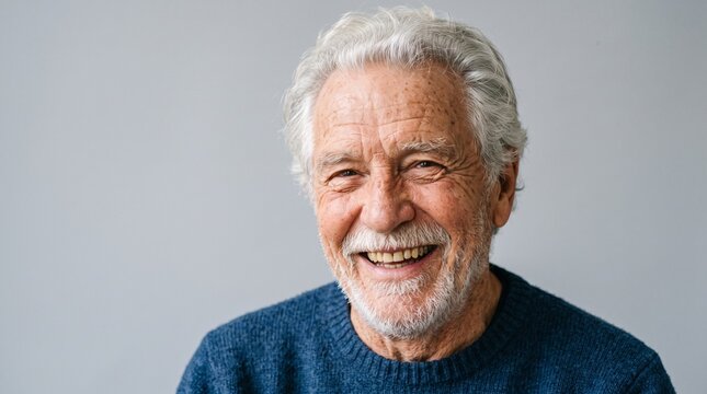 Smiling elderly man with grey hair and beard wearing a blue sweater