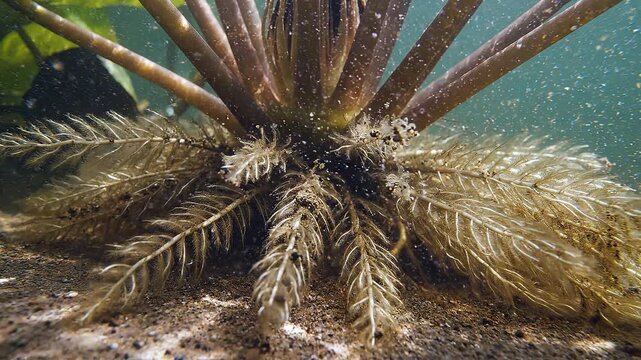 Detailed Close Up View of Aquatic Plant Roots System and Nutrient Uptake Process Underwater in a Natural Freshwater Environment