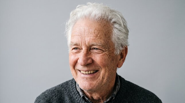 Portrait of a smiling elderly man with white hair and wrinkles