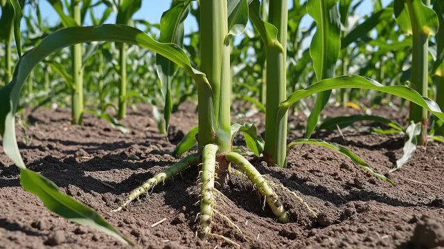 Close up of adventitious roots system and nutrient uptake in a corn field showing stalk base development in a natural agricultural setting