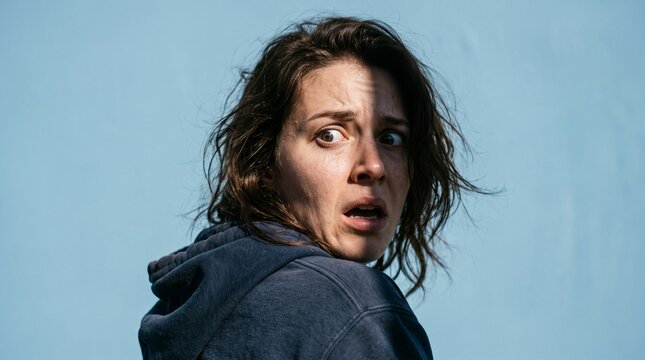 Woman with shocked expression looking over her shoulder against a blue background