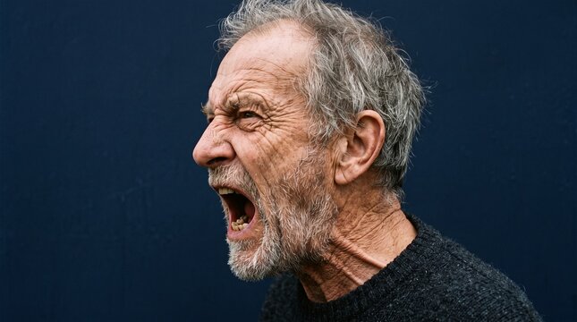 Elderly man with grey hair and beard shouting in anger against a dark blue background