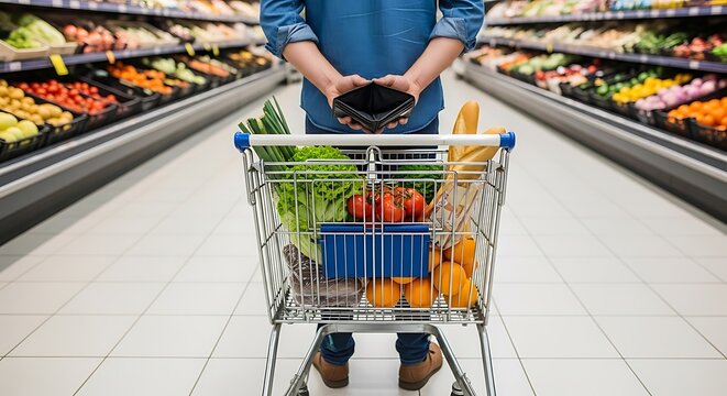Person with empty wallet stands near a shopping cart of groceries in a supermarket aisle