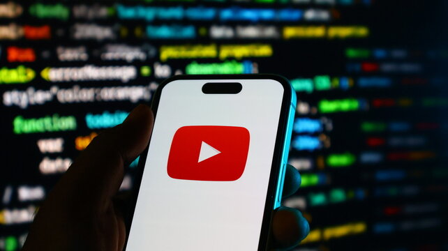 Hand holding smartphone with youtube logo on screen in front of coding background with colorful code on display