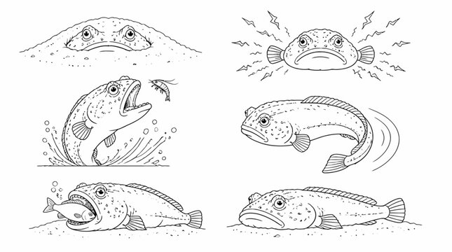 Set of Toadfish Illustrations, Various Poses and Behaviors