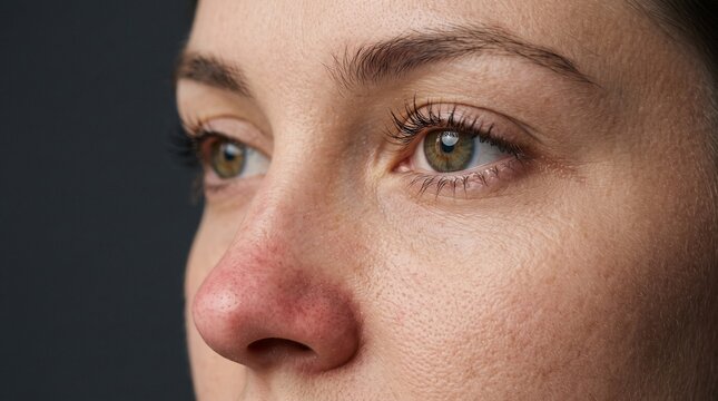 Close up of a woman's face showing detailed skin texture and green eyes