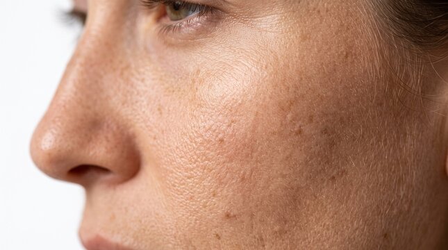 Close up of human skin texture with pores and freckles showing signs of aging