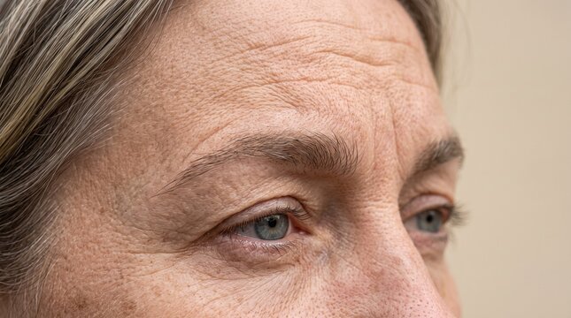 Close up of an older person's eye and forehead showing wrinkles and aging skin