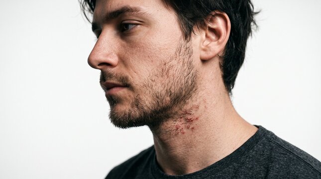 Man with stubble and irritated skin on neck close up profile view