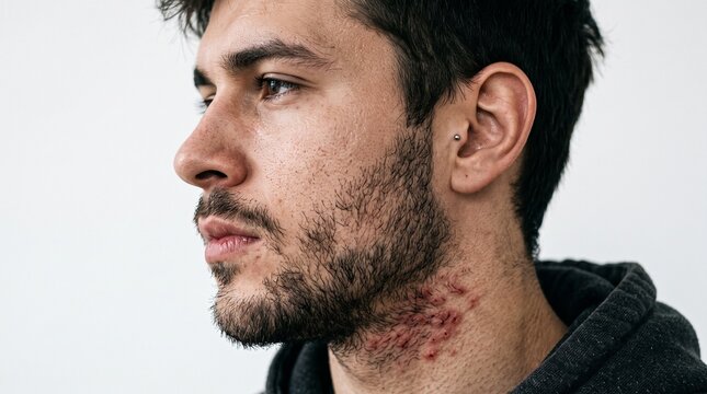 Close up of a young man with beard and acne on his neck and chin
