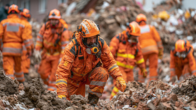 Rescue workers are searching for survivors in the rubble of a collapsed building after a devastating earthquake. Ai generated
