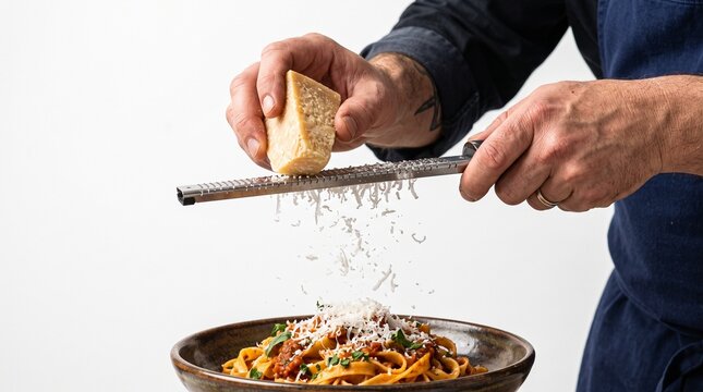 Chef grating parmesan cheese onto a bowl of pasta with bolognese sauce