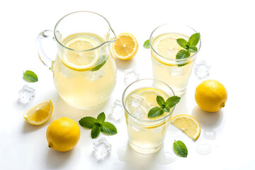 Fototapeta premium Refreshing Homemade Lemonade with Fresh Mint and Ice on White Background