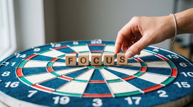 A hand placing a wooden block with the letter s onto a dartboard to complete the word focus, representing goal setting and strategic planning