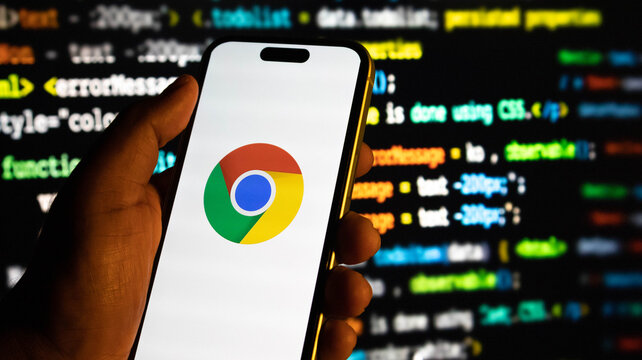Hand holding a smartphone displaying the google chrome web browser logo against a background of computer code
