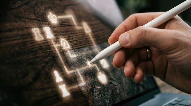 A hand using a stylus to draw a glowing digital chess strategy diagram on a dark, textured wooden surface, representing tactical planning