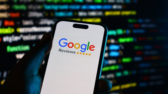 Hand holding smartphone with google reviews logo on screen with blurred colorful background