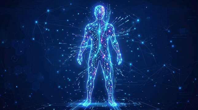 Digital human body made of glowing particles and connections, representing health tech, AI analysis, and biometric data systems.