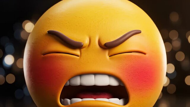 Emoji face transforming close-up from neutral into anger, supporting reaction stickers, social media comments, conflict messaging, mood change graphics, user feedback, and entertainment app media.