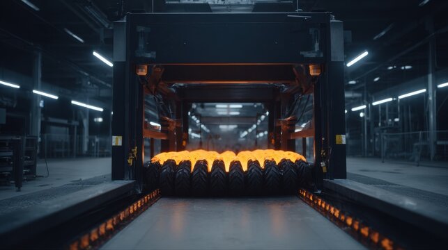 Industrial factory scene showcasing vibrant orange hot metal being processed on a conveyor belt under dim lighting