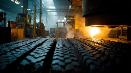 Naklejka premium Industrial Manufacturing Process with Heavy Machinery and Sparks in an Active Factory Environment