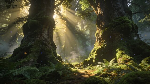 Golden Sunbeams Illuminating a Mystical Ancient Forest Path