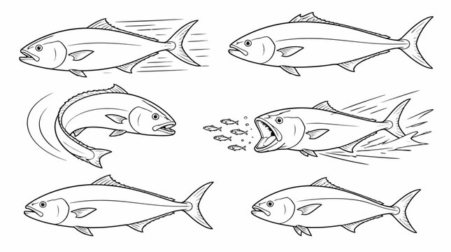 Set of Yellowtail Fish Line Art Illustrations in Various Poses