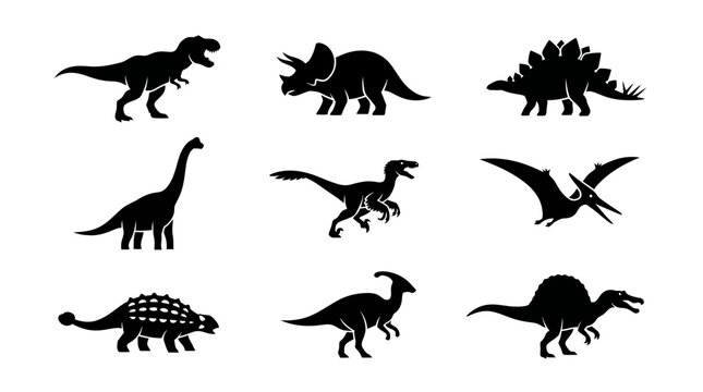 Silhouettes of various dinosaurs walking.