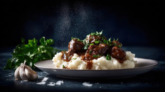 Delicious Beef Meatballs with Gravy Served on Creamy Mashed Potatoes with Fresh Herbs and Garlic Cloves in Focus