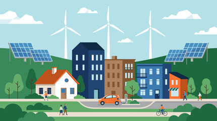 Modern smart city panorama with electric vehicle charging. © Zity