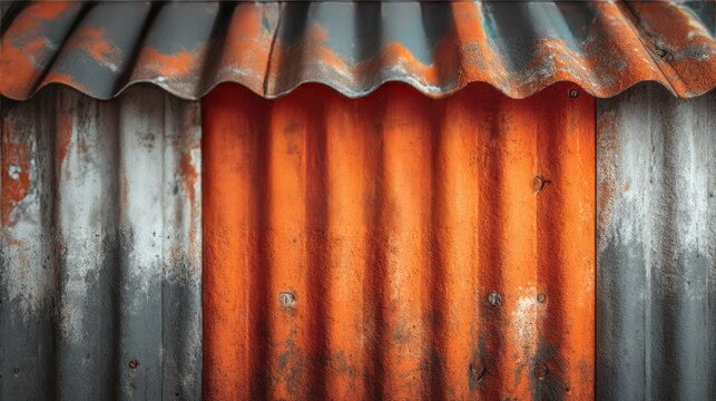 Corrugated metal siding texture, rusty zinc roof sheet, vertical ridges, weathered grey and orange background, grunge detail 