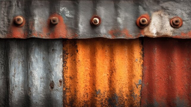 Corrugated metal siding texture, rusty zinc roof sheet, vertical ridges, weathered grey and orange background, grunge detail 
