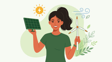 Woman holding solar panel and wind turbine model. © Zity