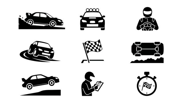 Racing cars and driver icons set.