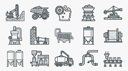 Minimalist Black and White Line Icons Set of Industrial Machinery and Equipment for Manufacturing Process © Lady