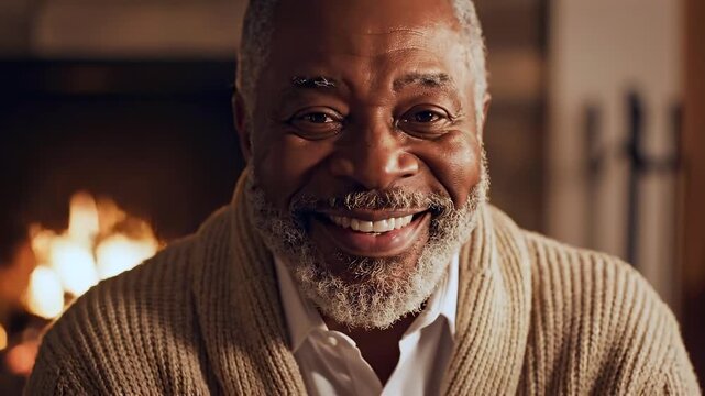 Elderly Black man smiling at home near fireplace, relaxed portrait, soft interior and friendly expression for senior wellbeing, retirement comfort, family care, home support, and positive aging media