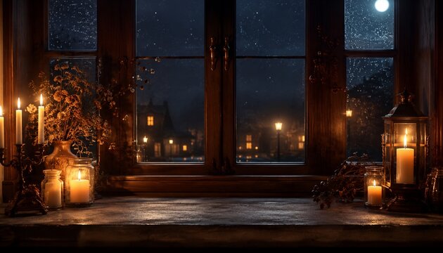 Candlelit window overlooking rainy town at night