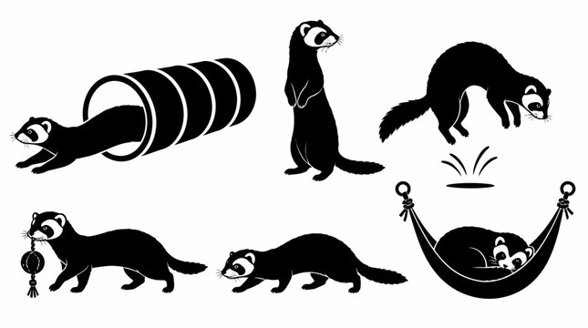 Set of ferret silhouettes in various playful poses and activities