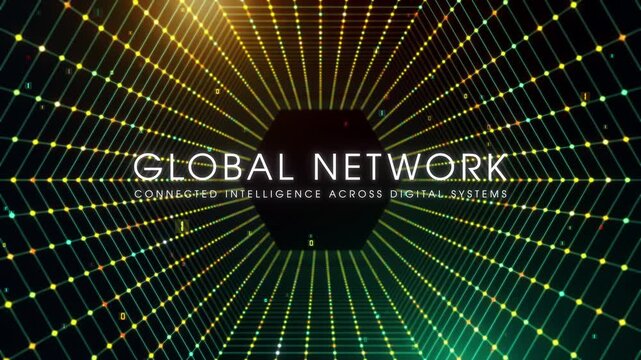 Seamless looping camera moving forward through a glowing hexagon wireframe tunnel featuring binary particles and an animated Global Network title reveal for futuristic technology presentations.