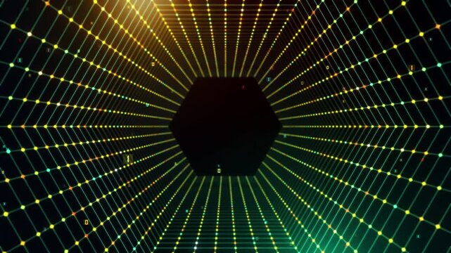 Abstract seamless loop animation with a camera moving forward through a glowing hexagon wireframe tunnel featuring binary particles, digital mesh, and futuristic technology visuals.