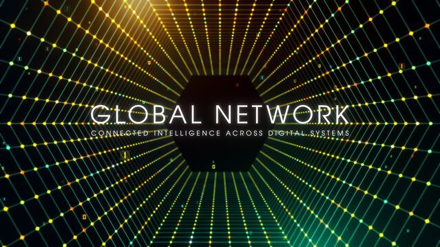 Futuristic technology banner displaying Global Network and Connected Intelligence Across Digital Systems over a glowing hexagon wireframe tunnel with binary particles and digital mesh.