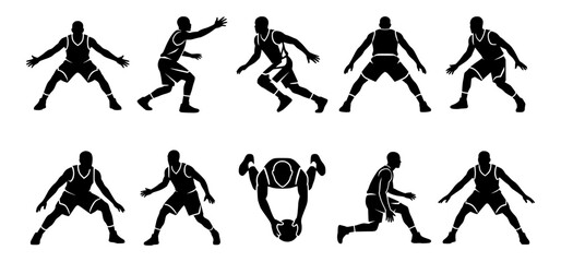 Obraz premium Basketball Player Defensive Stance Silhouettes, Lateral Slide and Guarding Poses Vector Set