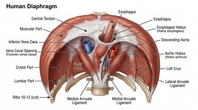 Detailed anatomical illustration of human diaphragm muscle and respiratory system in cross-section view