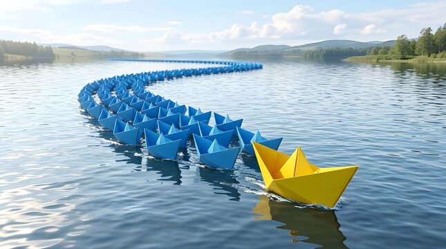Paper boats float across a serene lake as one yellow leader guides them.