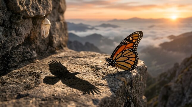 Butterfly rests on a rock casting a shadow shaped like a soaring eagle bird.