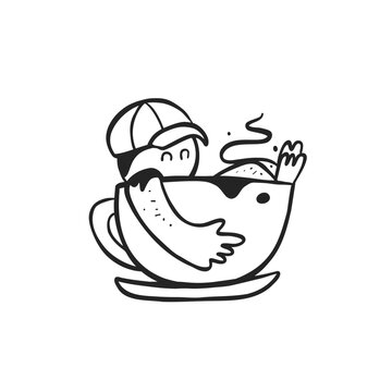a man with cap take a bathing or hot jacuzzi inside big cup of coffee doodle hand drawn cartoon illustration line art