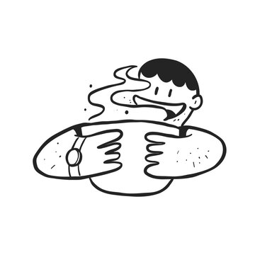 happy man hugging big cup of coffee doodle hand drawn cartoon line art illustration