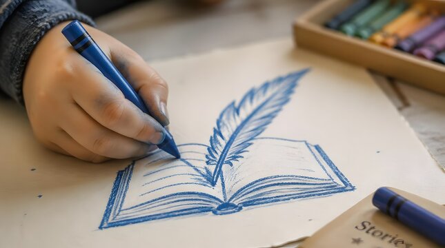 Child's hand drawing open book and feather quill with crayons on paper, creative storytelling and education concept, artistic development and imagi...
