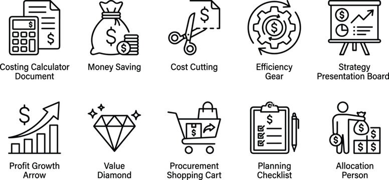 Financial management and business strategy line icons set featuring calculator coins and profit growth charts.