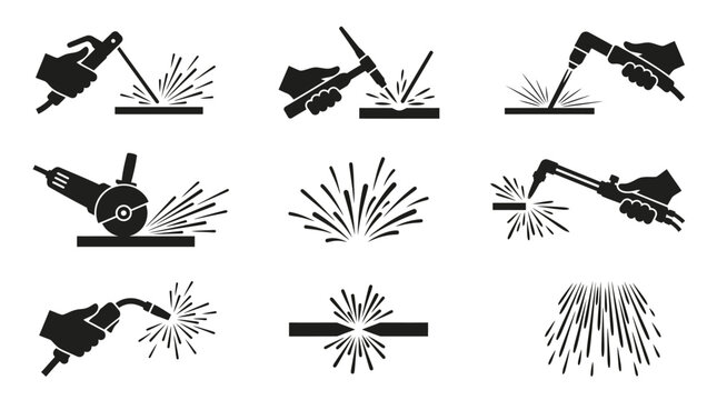 Welding Sparks and Tools Silhouette Icons.